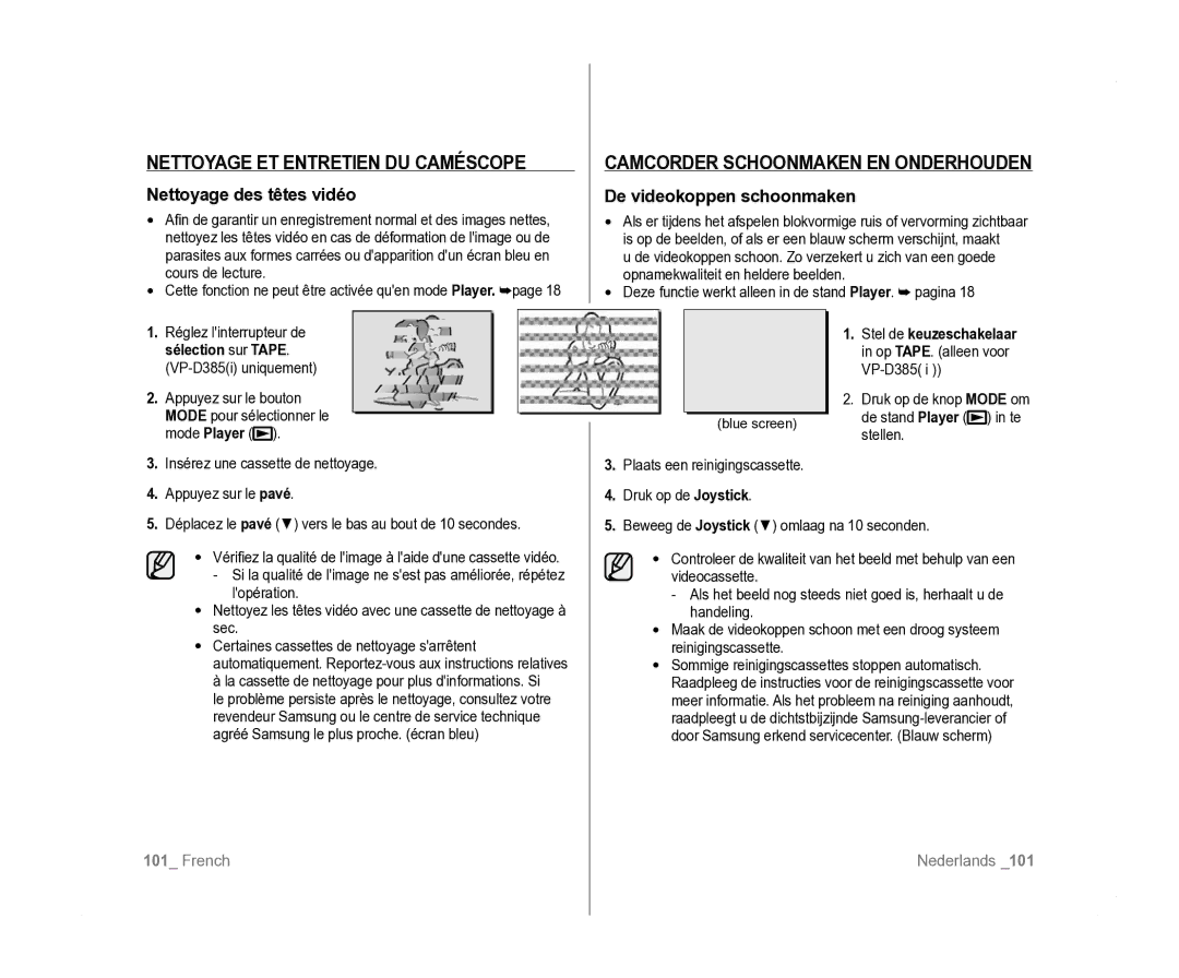 Samsung VP-D381/EDC Nettoyage ET Entretien DU Caméscope, Camcorder Schoonmaken EN Onderhouden, Nettoyage des têtes vidéo 