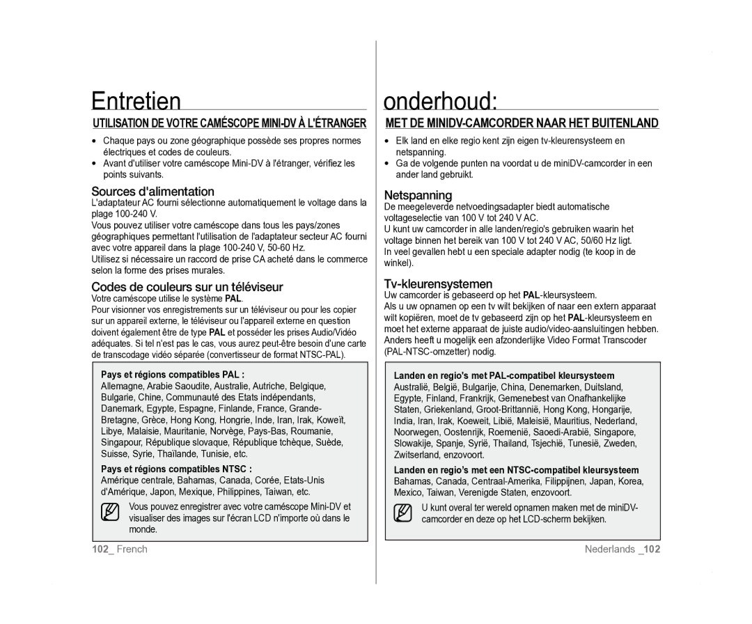 Samsung VP-D381/XEF, VP-D381/EDC manual MET DE MINIDV-CAMCORDER Naar HET Buitenland, Votre caméscope utilise le système PAL 