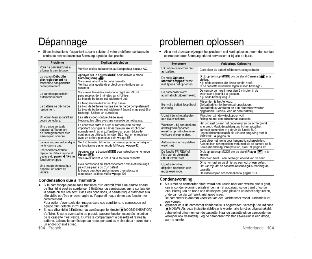 Samsung VP-D381/EDC, VP-D381/XEF, VP-D385I/MEA manual Condensation due à lhumidité, Condensvorming 