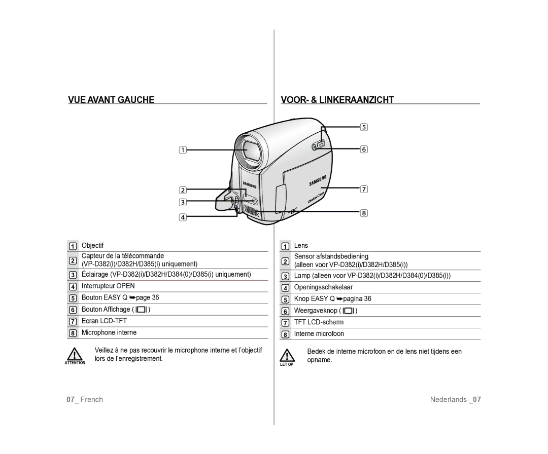 Samsung VP-D385I/MEA, VP-D381/EDC, VP-D381/XEF manual VUE Avant Gauche VOOR- & Linkeraanzicht 