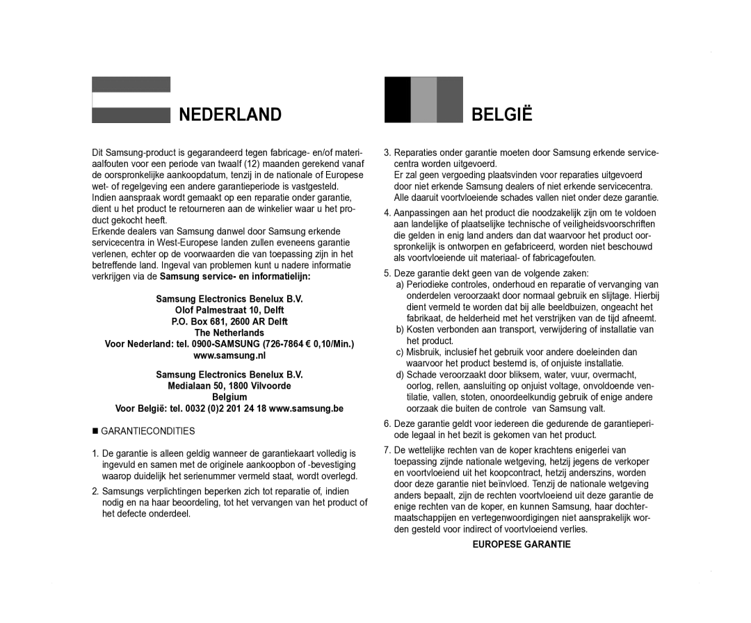 Samsung VP-D381/XEF, VP-D381/EDC, VP-D385I/MEA manual Deze garantie dekt geen van de volgende zaken, Europese Garantie 