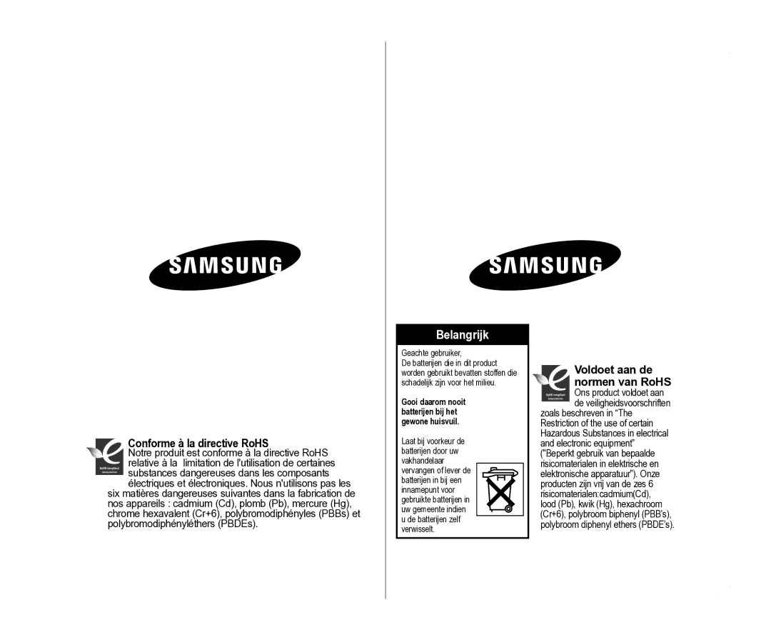 Samsung VP-D381/EDC, VP-D381/XEF manual Conforme à la directive RoHS, Voldoet aan de normen van RoHS, Geachte gebruiker 