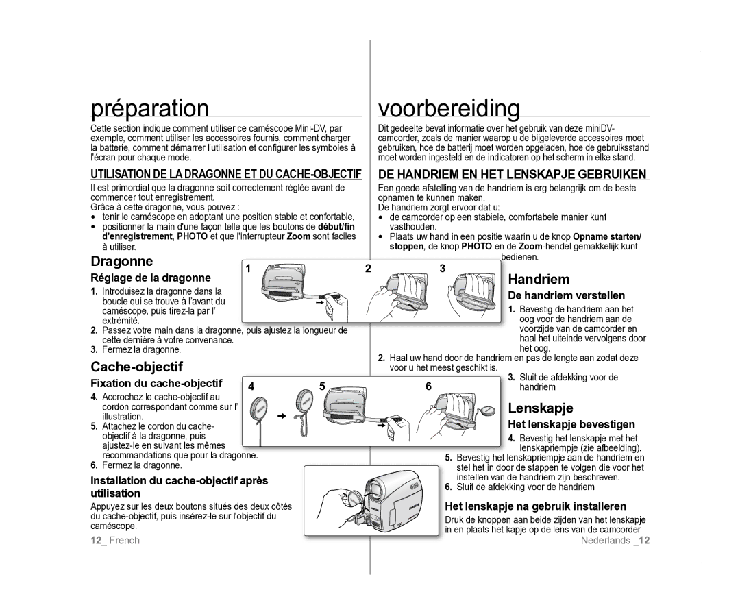 Samsung VP-D381/XEF, VP-D381/EDC, VP-D385I/MEA manual Préparationvoorbereiding, DE Handriem EN HET Lenskapje Gebruiken 