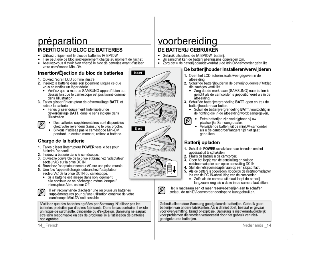 Samsung VP-D381/EDC manual Insertion DU Bloc DE Batteries, DE Batterij Gebruiken, Insertion/Éjection du bloc de batteries 