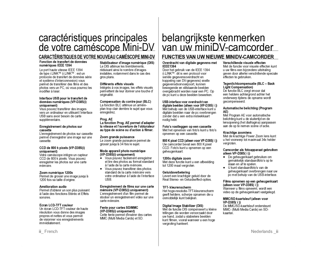 Samsung VP-D385I/MEA, VP-D381/EDC, VP-D381/XEF manual Functies VAN UW Nieuwe MINIDV-CAMCORDER 