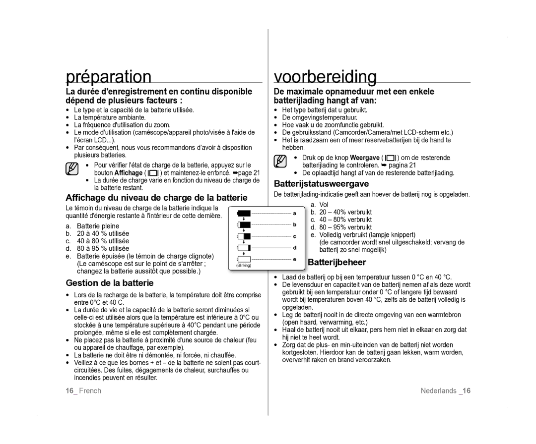 Samsung VP-D385I/MEA, VP-D381/EDC, VP-D381/XEF manual Préparation, Voorbereiding 