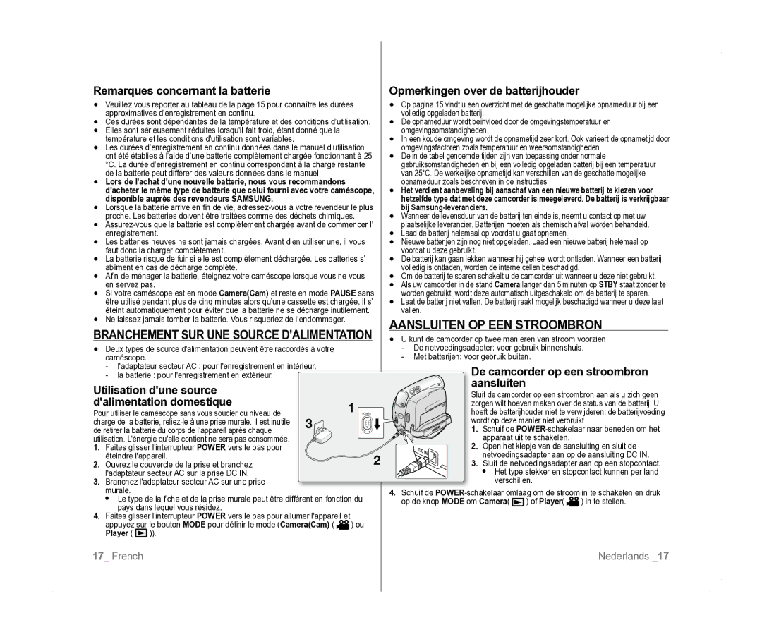 Samsung VP-D381/EDC, VP-D381/XEF, VP-D385I/MEA manual Aansluiten OP EEN Stroombron, Branchement SUR UNE Source Dalimentation 