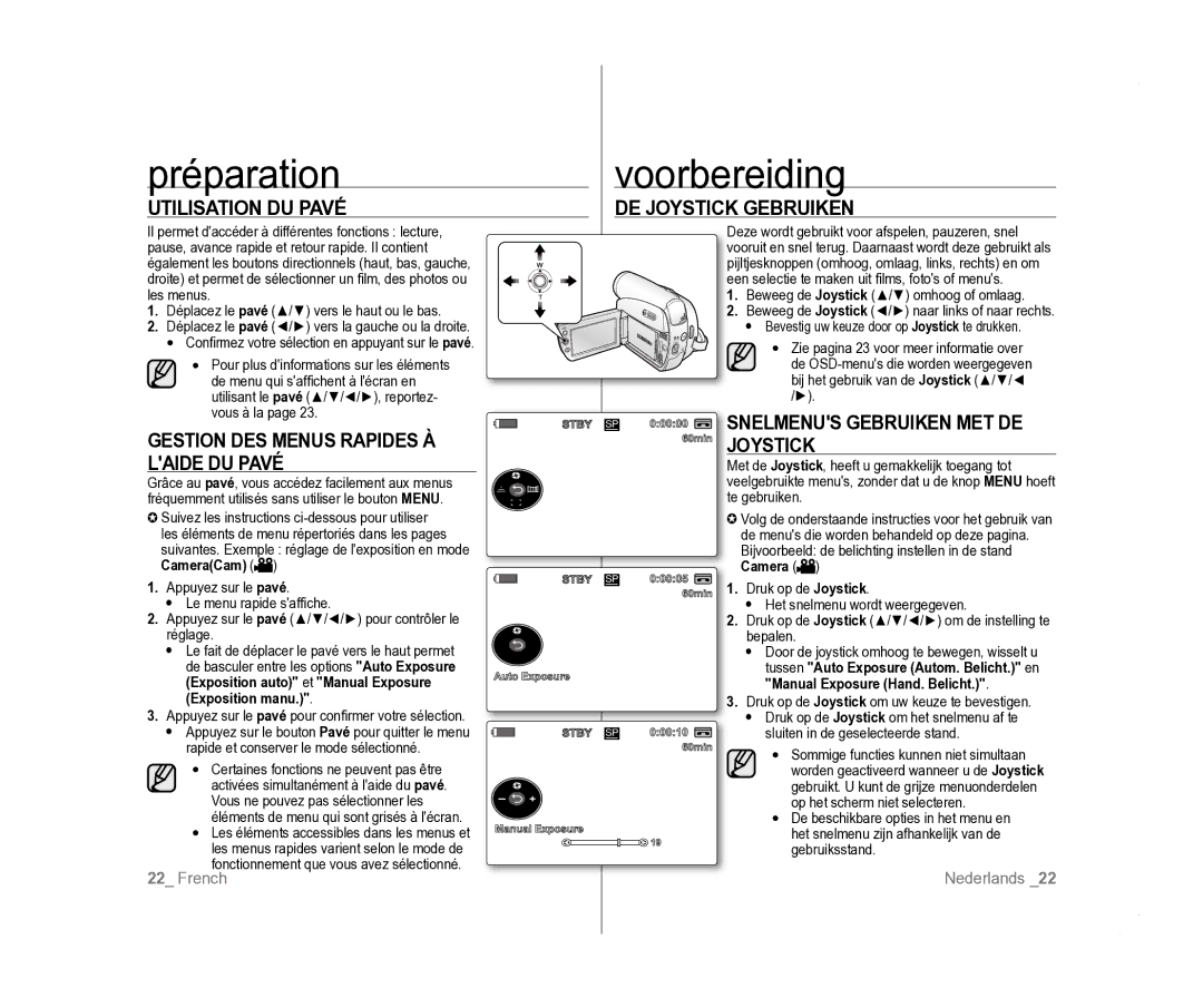 Samsung VP-D385I/MEA, VP-D381/EDC Utilisation DU Pavé, DE Joystick Gebruiken, Gestion DES Menus Rapides À Laide DU Pavé 