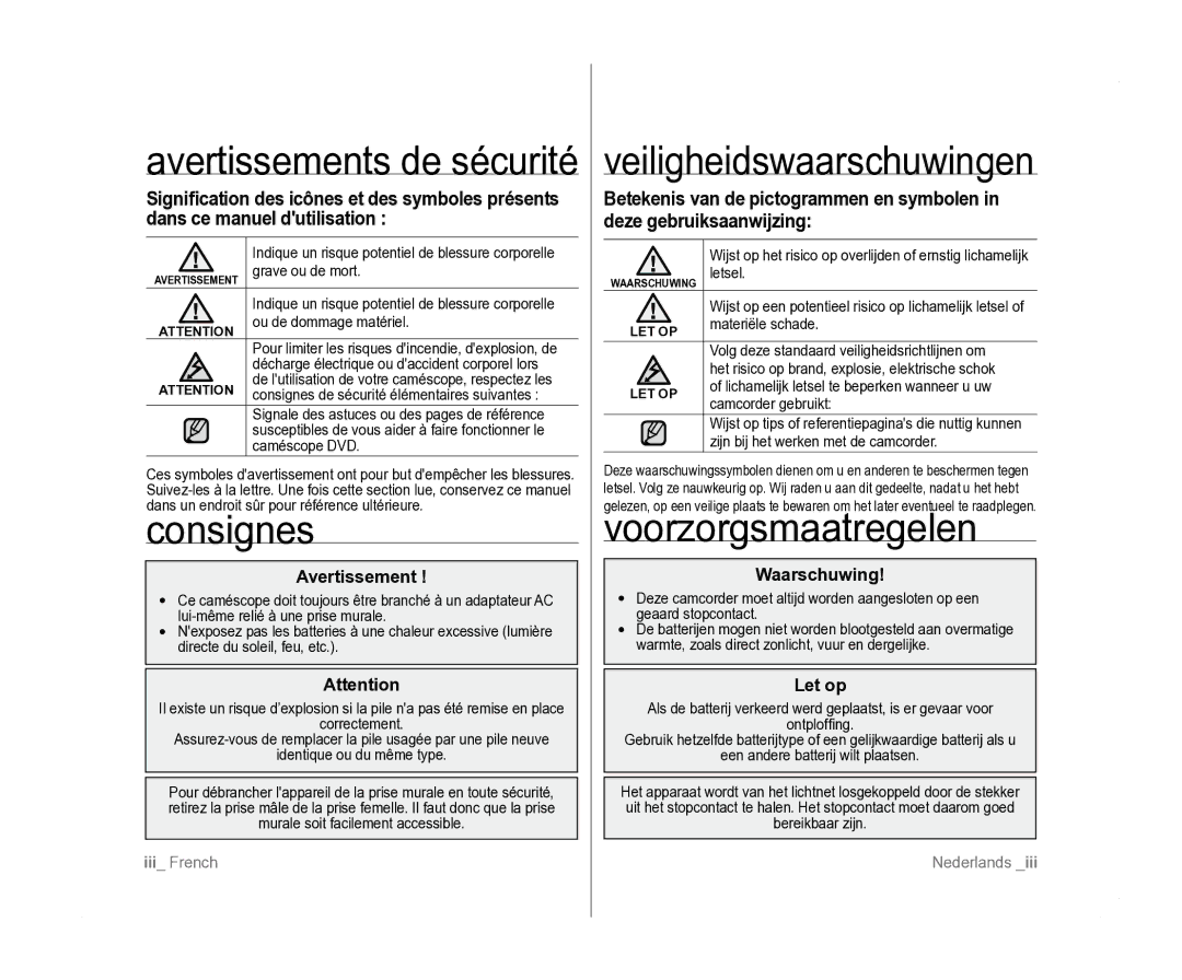 Samsung VP-D381/EDC, VP-D381/XEF, VP-D385I/MEA manual Veiligheidswaarschuwingen, Consignes, Voorzorgsmaatregelen 