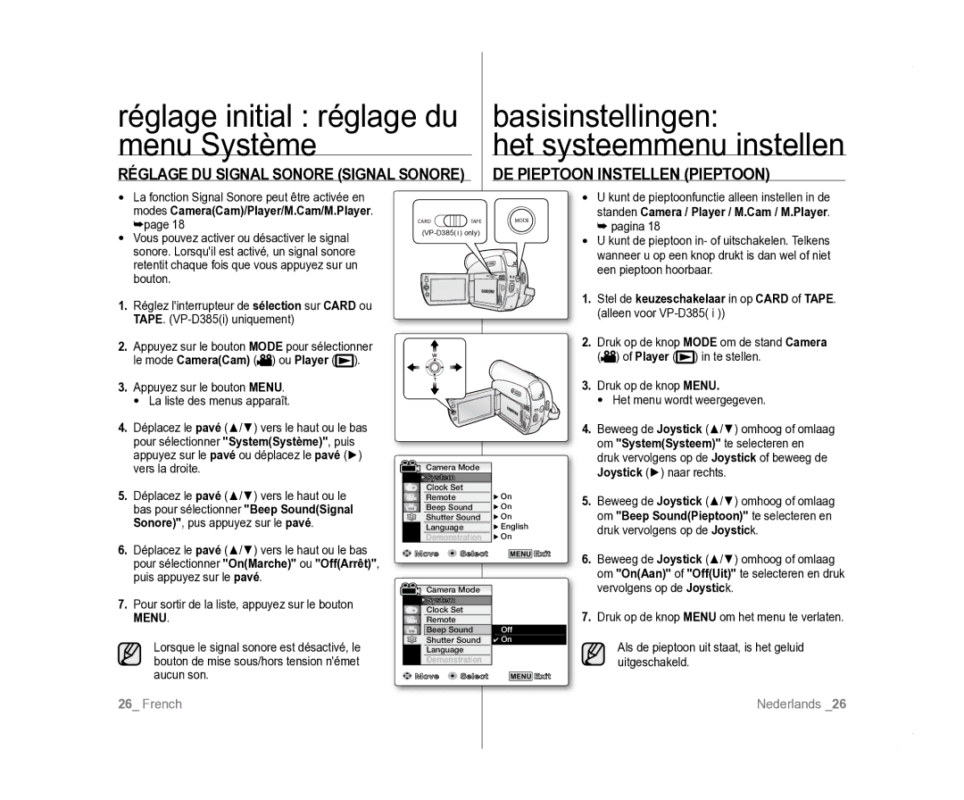 Samsung VP-D381/EDC, VP-D381/XEF, VP-D385I/MEA manual Réglage initial réglage du Basisinstellingen Menu Système 