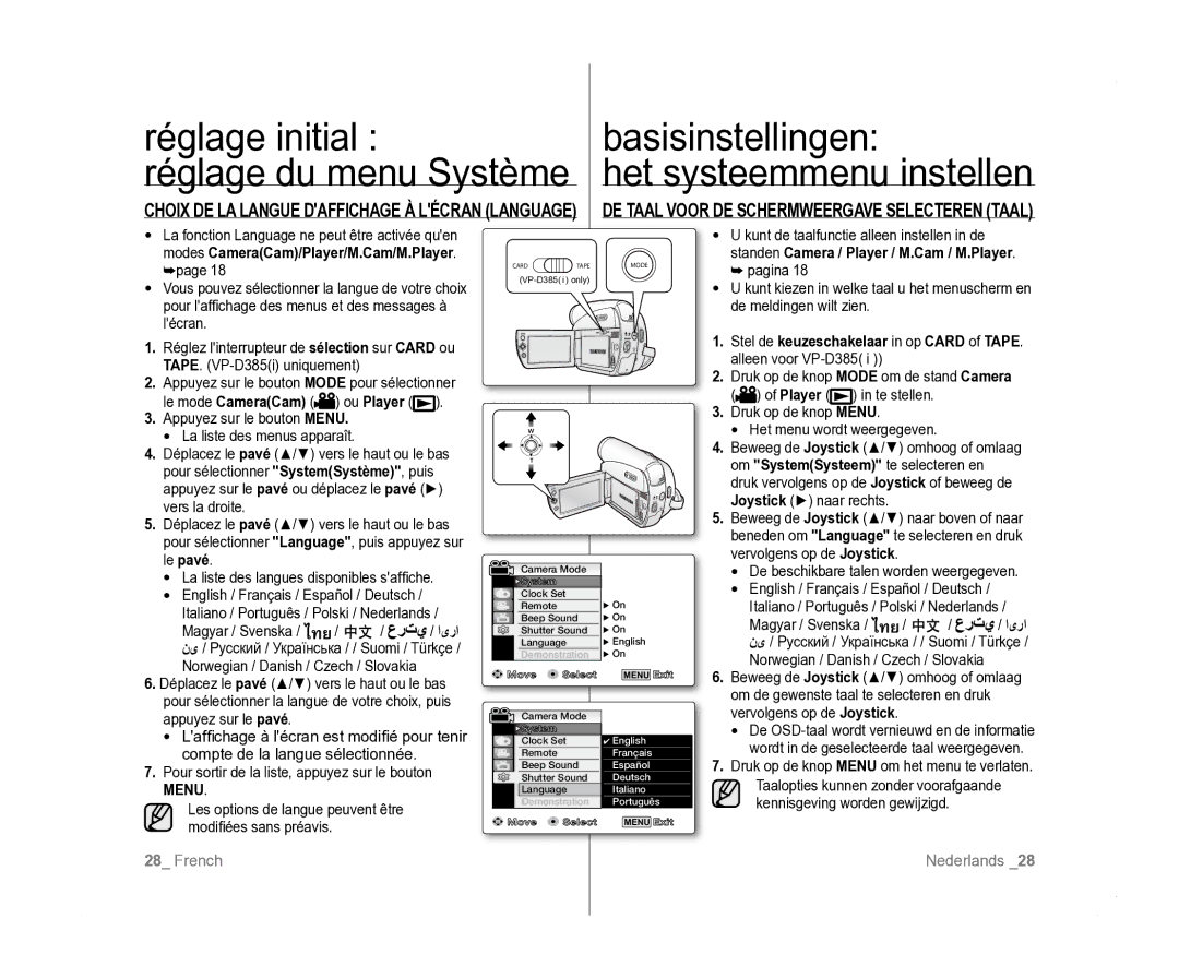 Samsung VP-D385I/MEA manual Choix DE LA Langue Daffichage À Lécran Language, Modes CameraCam/Player/M.Cam/M.Player, ایرا 