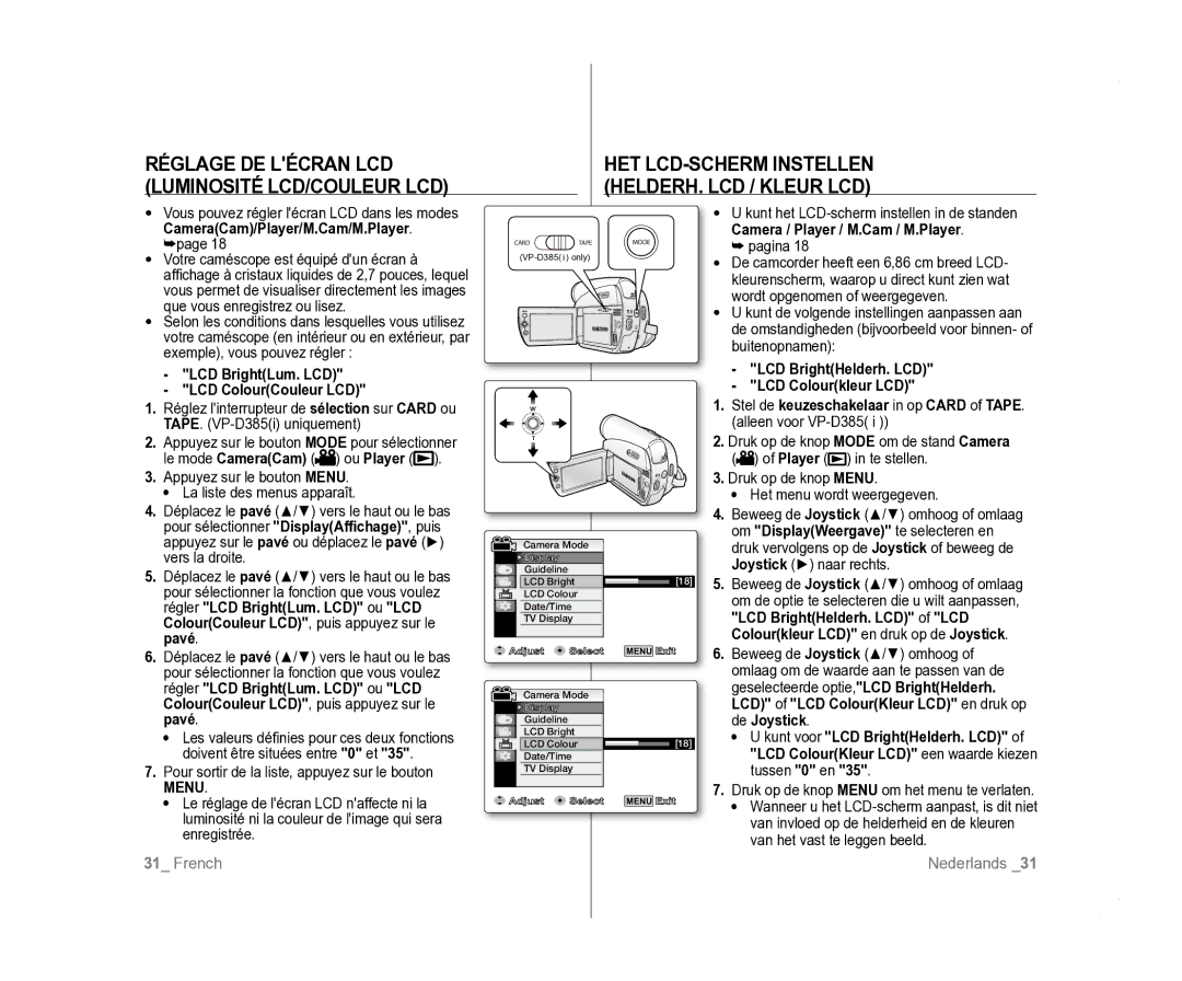 Samsung VP-D385I/MEA, VP-D381/EDC, VP-D381/XEF manual CameraCam/Player/M.Cam/M.Player, Pavé 