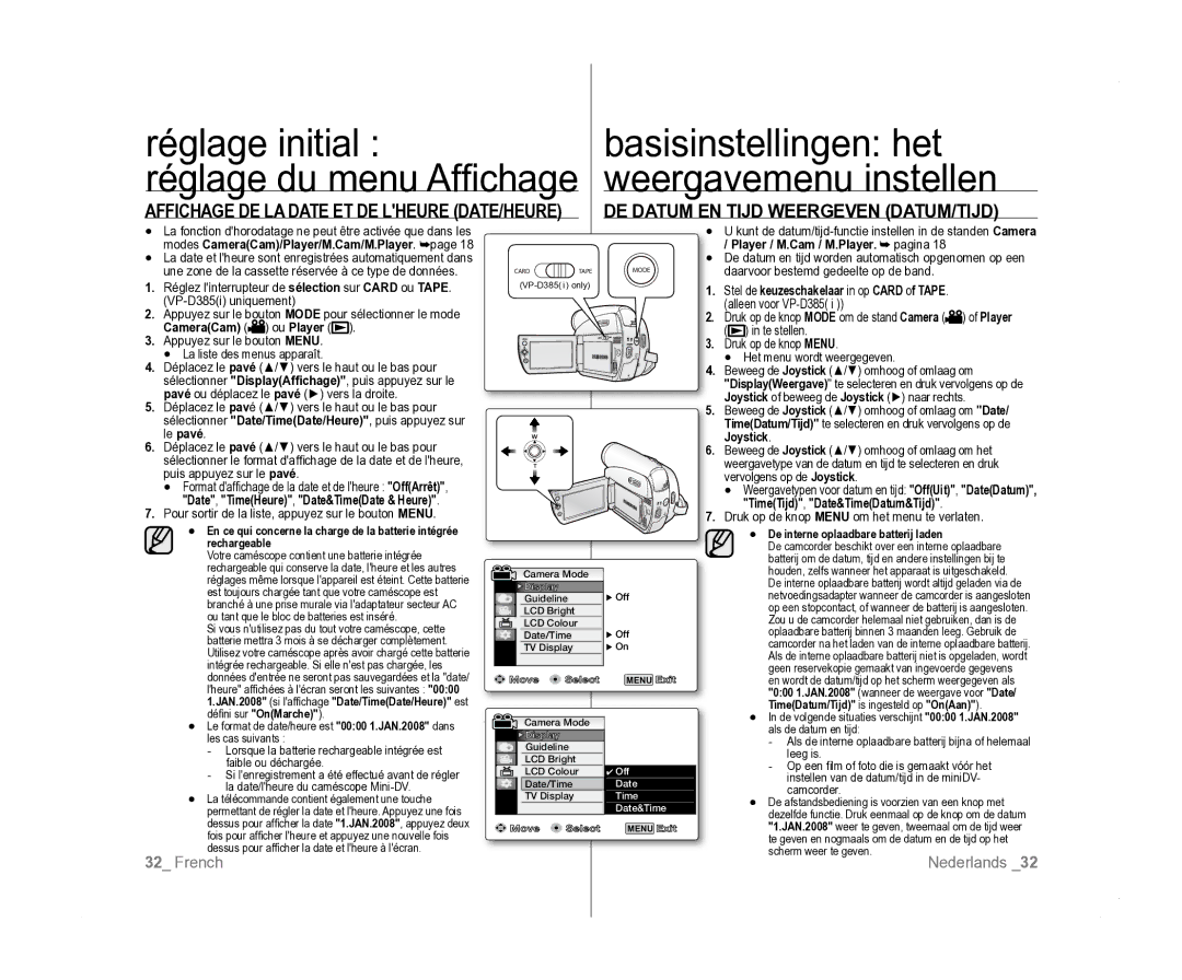 Samsung VP-D381/EDC, VP-D381/XEF manual DE Datum EN Tijd Weergeven DATUM/TIJD, Affichage DE LA Date ET DE Lheure DATE/HEURE 