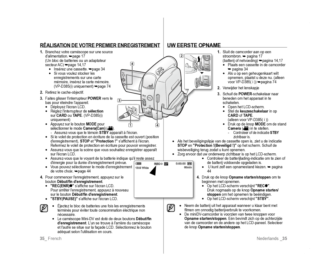 Samsung VP-D381/EDC, VP-D381/XEF Bouton Début/fin denregistrement, Sur le bouton Début/fin denregistrement, Card of Tape 