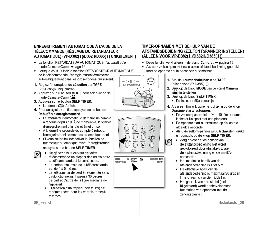 Samsung VP-D381/XEF, VP-D381/EDC, VP-D385I/MEA manual Réglez linterrupteur de sélection sur Tape, Opname starten/stoppen 