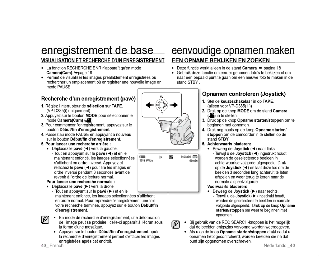 Samsung VP-D385I/MEA manual EEN Opname Bekijken EN Zoeken, Recherche dun enregistrement pavé, Opnamen controleren Joystick 