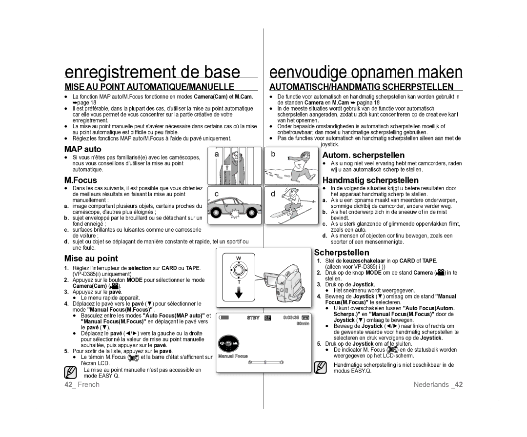 Samsung VP-D381/XEF, VP-D381/EDC, VP-D385I/MEA manual Mise AU Point AUTOMATIQUE/MANUELLE, AUTOMATISCH/HANDMATIG Scherpstellen 