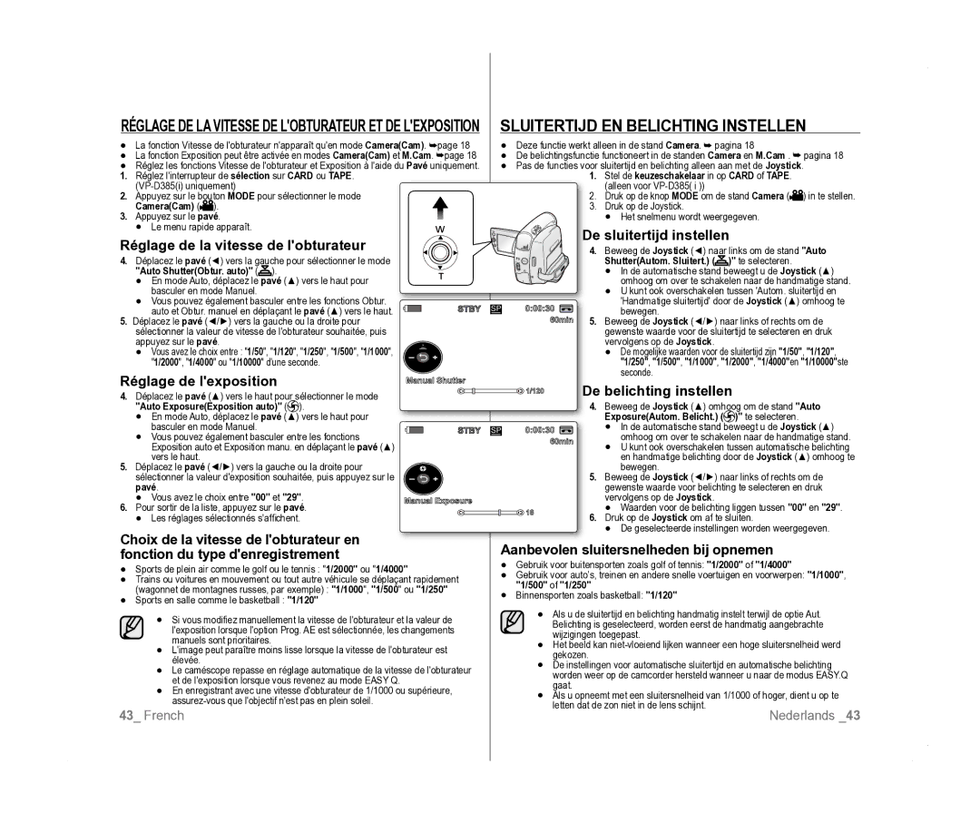 Samsung VP-D385I/MEA, VP-D381/EDC, VP-D381/XEF manual Sluitertijd EN Belichting Instellen 