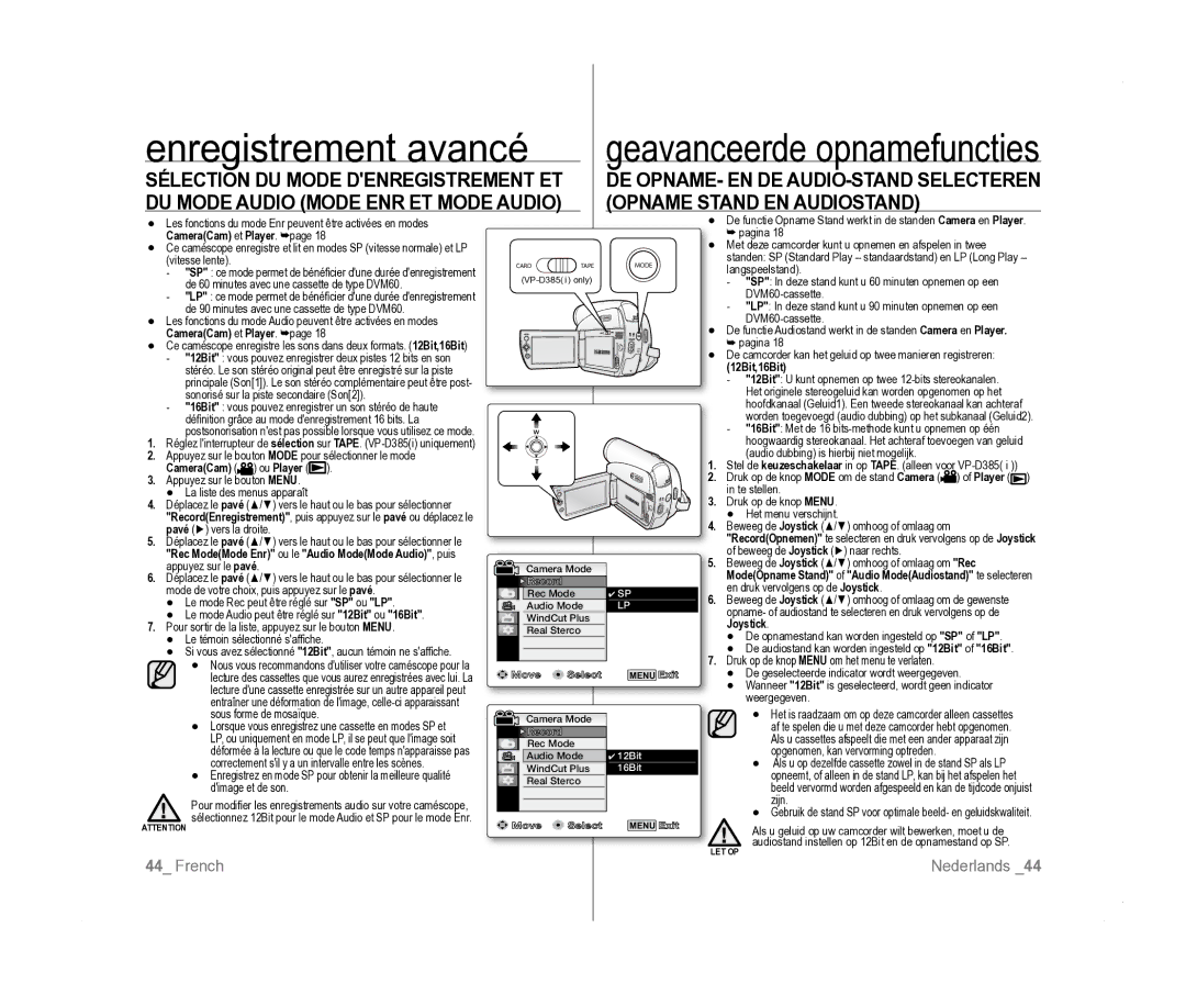 Samsung VP-D381/EDC, VP-D381/XEF, VP-D385I/MEA manual Enregistrement avancé, Opname Stand en Audiostand 