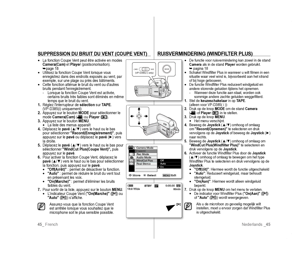 Samsung VP-D381/XEF, VP-D381/EDC manual Ruisvermindering Windfilter Plus, Suppression DU Bruit DU Vent Coupe Vent, Joystick 