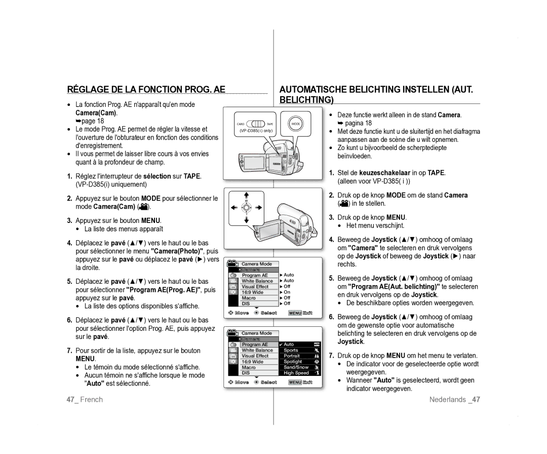 Samsung VP-D381/EDC manual Réglage DE LA Fonction PROG. AE, Automatische Belichting Instellen AUT. Belichting, CameraCam 