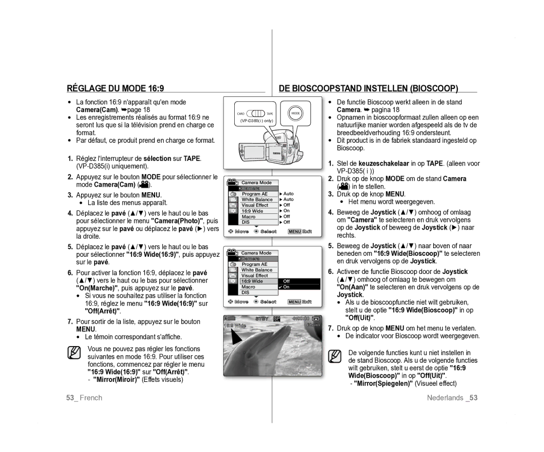 Samsung VP-D381/EDC, VP-D381/XEF manual Réglage DU Mode DE Bioscoopstand Instellen Bioscoop, MirrorMiroir Effets visuels 