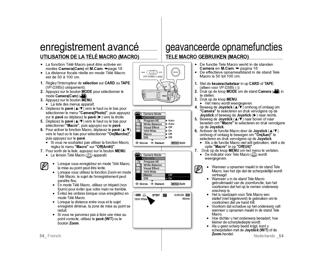 Samsung VP-D381/XEF manual Réglez le menu Macro sur OffArrêt, Apparaît, Wordt, La mise au point peut être lente, Vertraagd 