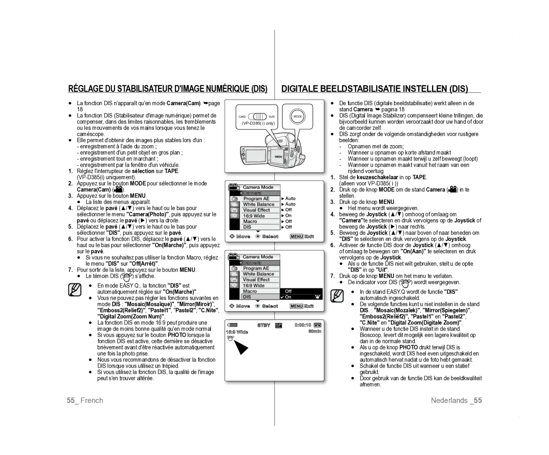 Samsung VP-D385I/MEA, VP-D381/EDC, VP-D381/XEF Stel de keuzeschakelaar in op Tape, Le menu DIS sur OffArrêt, DIS in op Uit 