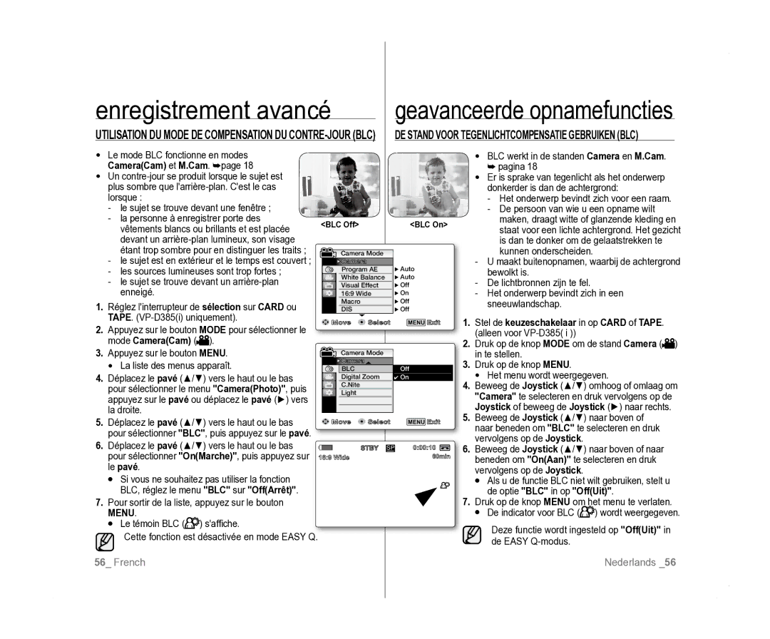 Samsung VP-D381/EDC, VP-D381/XEF, VP-D385I/MEA manual DE Stand Voor Tegenlichtcompensatie Gebruiken BLC, CameraCam et M.Cam 