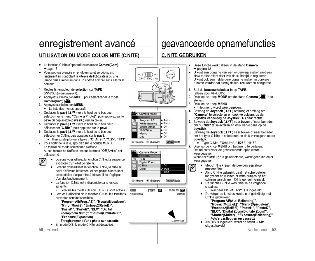 Samsung VP-D385I/MEA, VP-D381/EDC Utilisation DU Mode Color Nite C.NITE Nite Gebruiken, Type C.Nite OffUit, 1/25, 1/13 