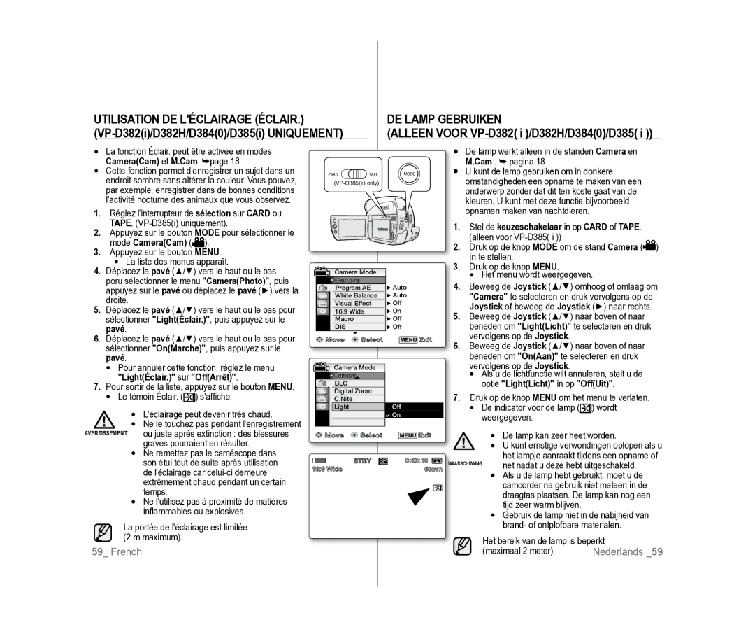 Samsung VP-D381/EDC, VP-D381/XEF Utilisation DE Léclairage Éclair DE Lamp Gebruiken, VP-D382i/D382H/D3840/D385i Uniquement 