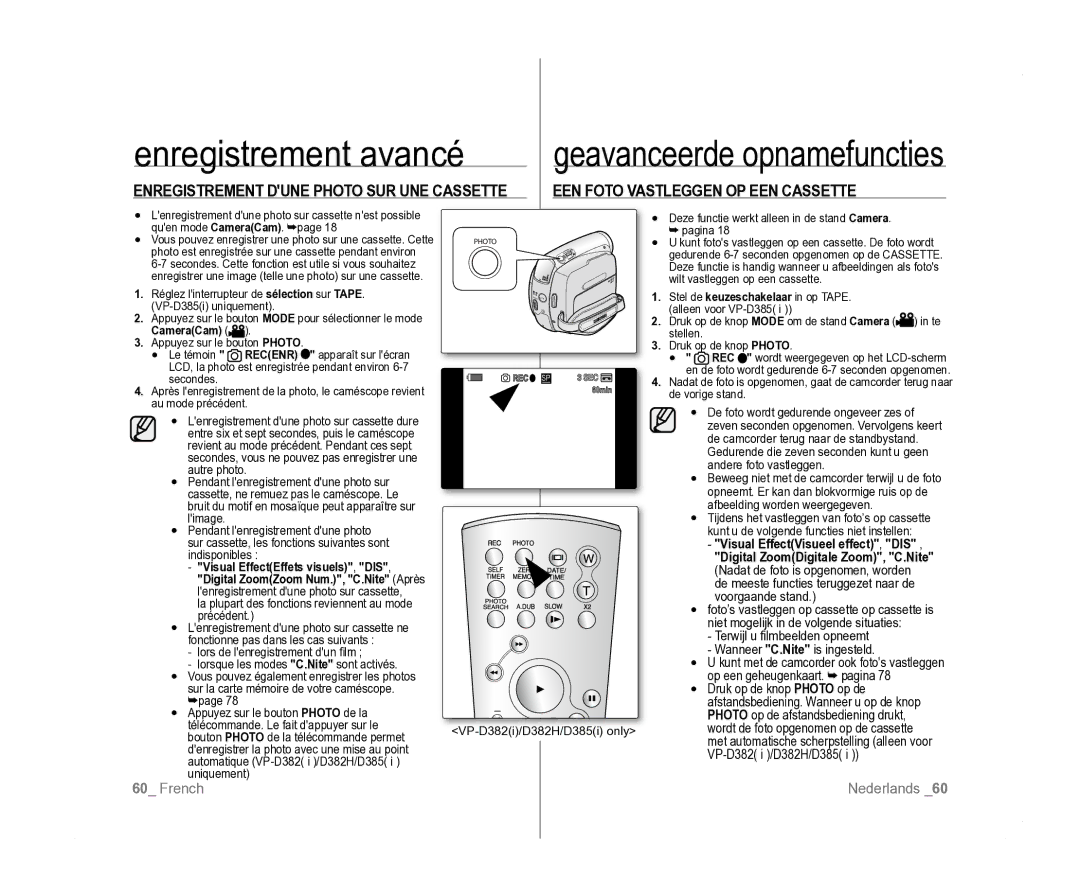 Samsung VP-D381/XEF, VP-D381/EDC manual Enregistrement Dune Photo SUR UNE Cassette, EEN Foto Vastleggen OP EEN Cassette 