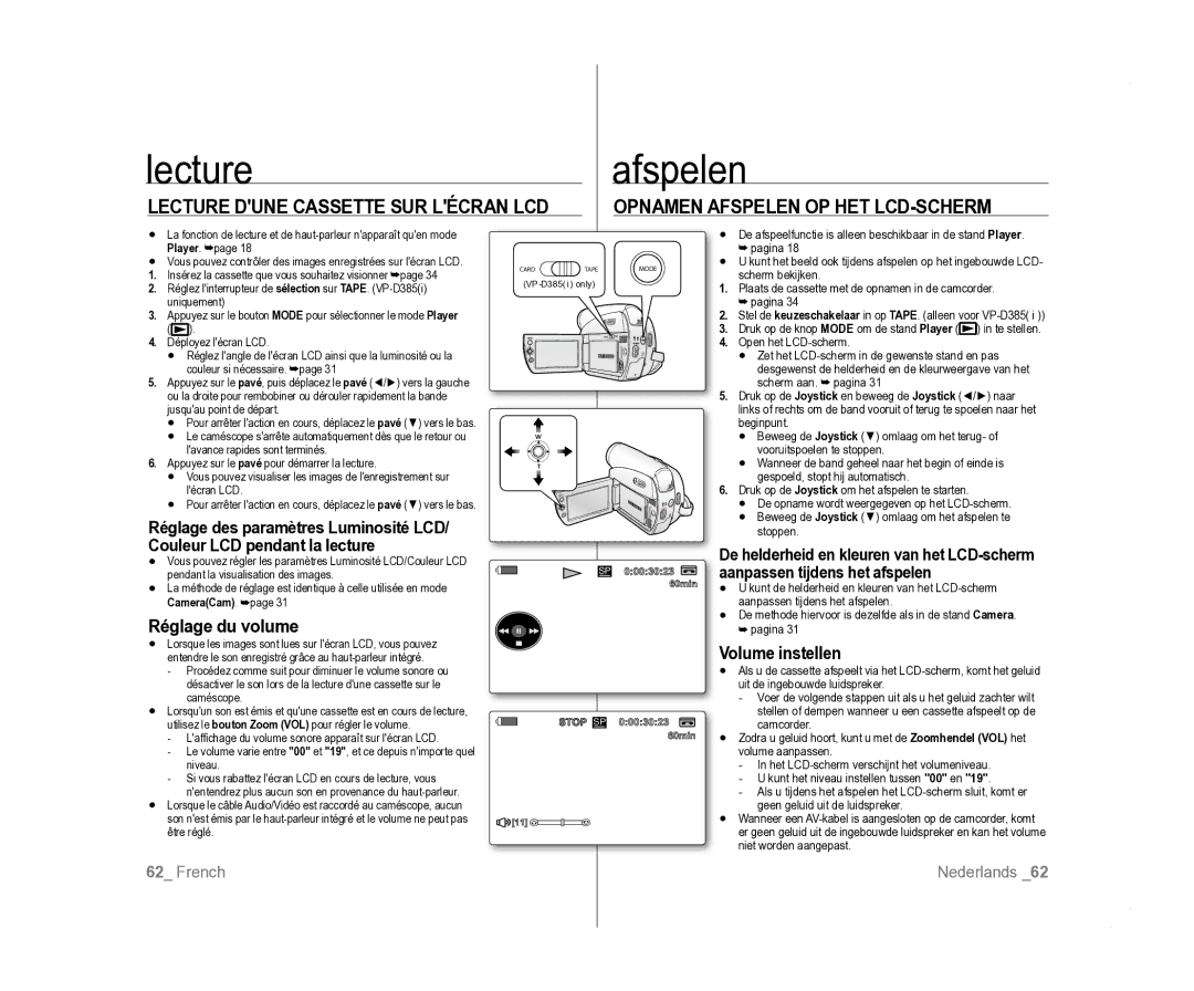 Samsung VP-D381/EDC, VP-D381/XEF, VP-D385I/MEA manual Lectureafspelen, Réglage du volume, Volume instellen 