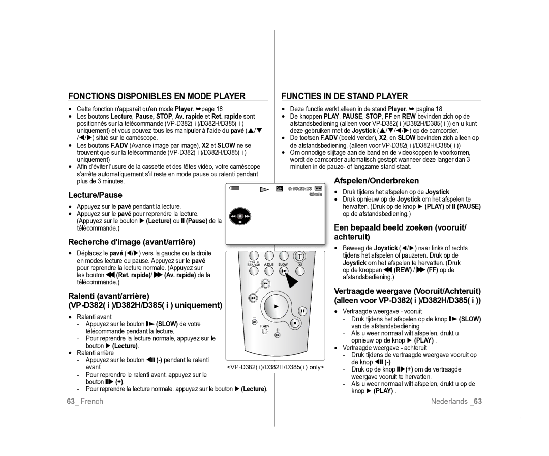 Samsung VP-D381/XEF, VP-D381/EDC, VP-D385I/MEA manual Fonctions Disponibles EN Mode Player, Functies in DE Stand Player 