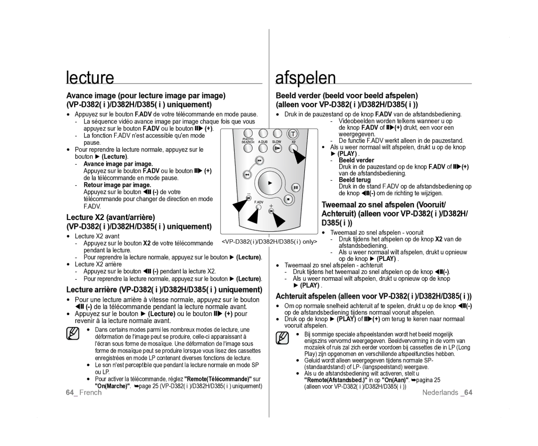 Samsung VP-D385I/MEA, VP-D381/EDC, VP-D381/XEF Afspelen, Lecture X2 avant/arrière VP-D382 i /D382H/D385 i uniquement 