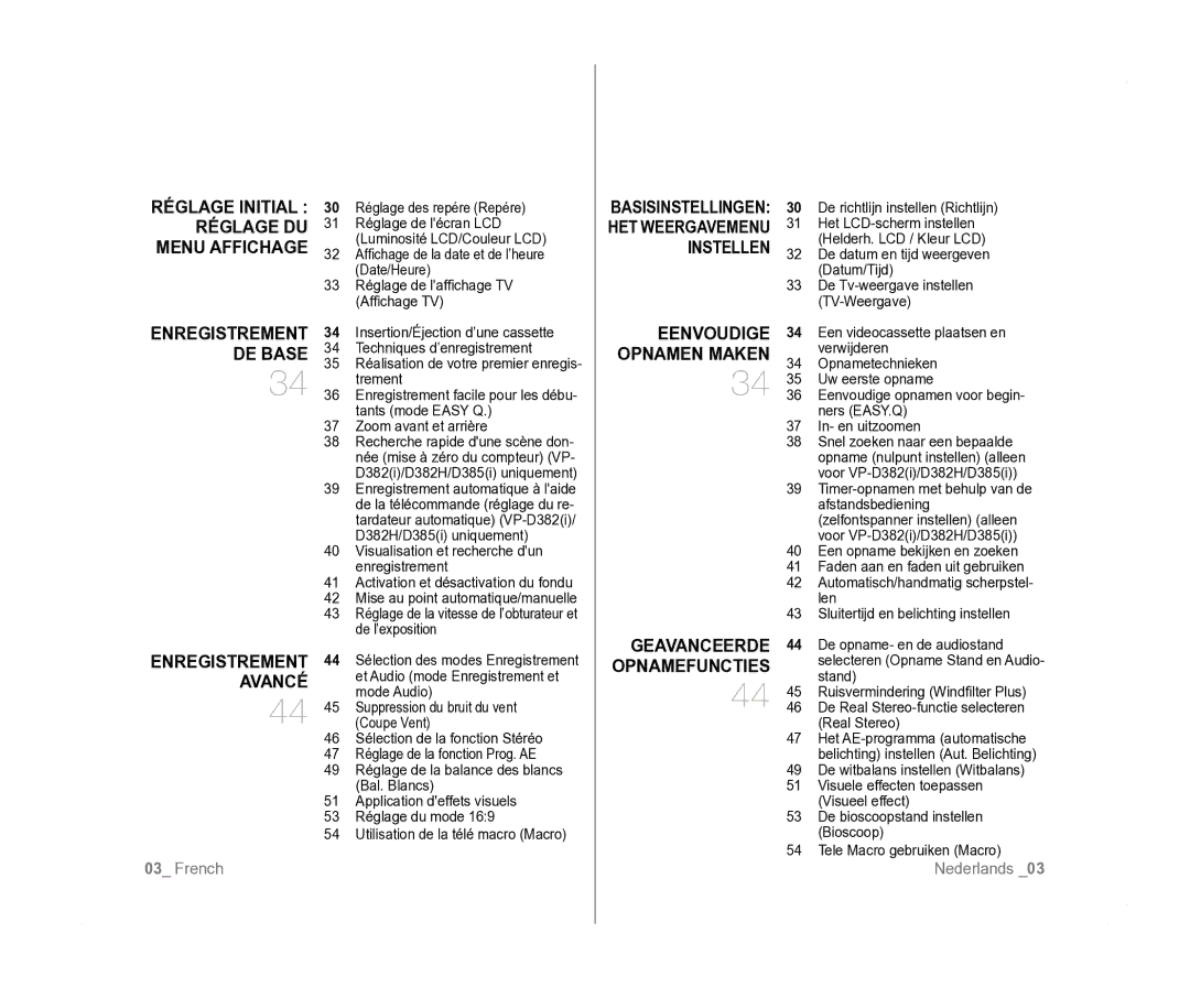 Samsung VP-D381/XEF, VP-D381/EDC, VP-D385I/MEA manual Réglage Initial Réglage DU Menu Affichage, Enregistrement Avancé 