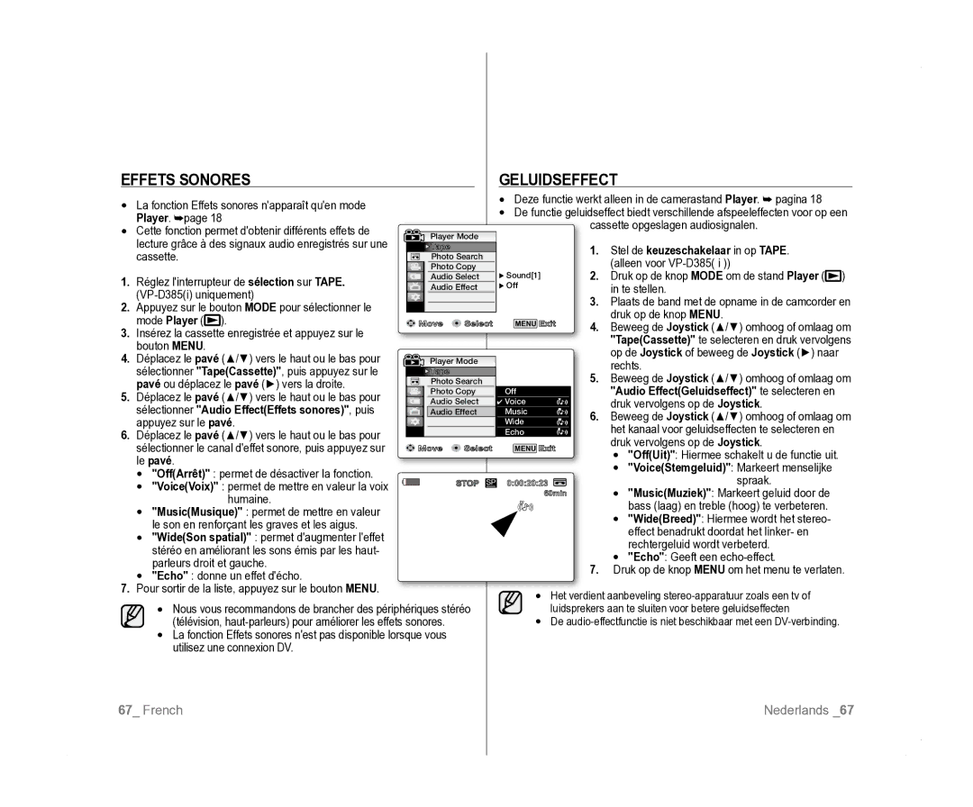 Samsung VP-D385I/MEA, VP-D381/EDC, VP-D381/XEF manual Effets Sonores Geluidseffect 