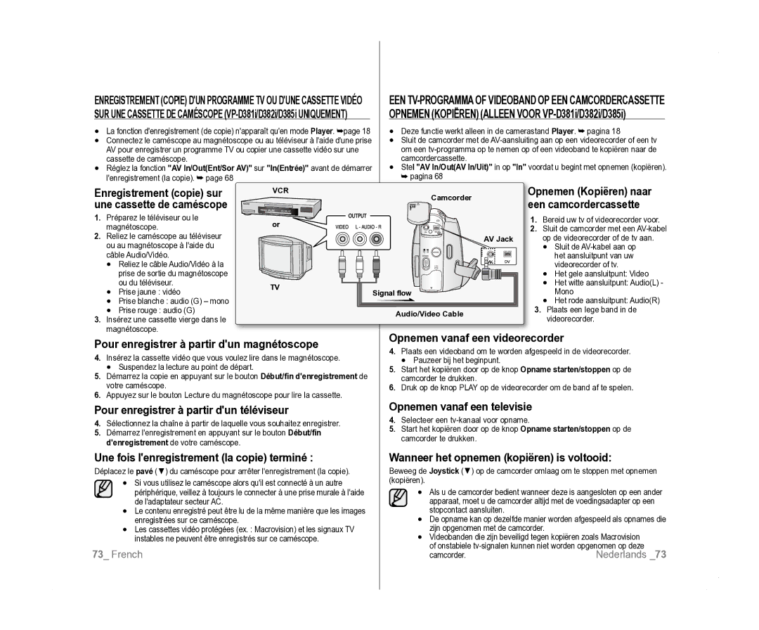 Samsung VP-D385I/MEA, VP-D381/EDC, VP-D381/XEF Enregistrement copie sur, Une cassette de caméscope, Opnemen Kopiëren naar 