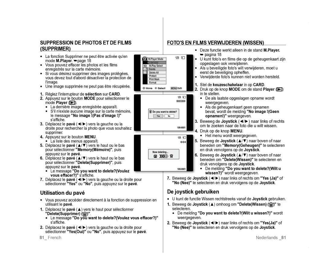 Samsung VP-D381/XEF, VP-D381/EDC Fotos EN Films Verwijderen Wissen, Utilisation du pavé, De joystick gebruiken, Supprimer 