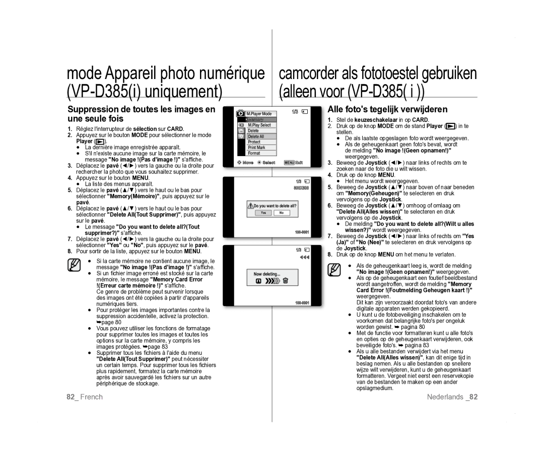 Samsung VP-D385I/MEA, VP-D381/EDC Suppression de toutes les images en, Une seule fois, Alle fotos tegelijk verwijderen 