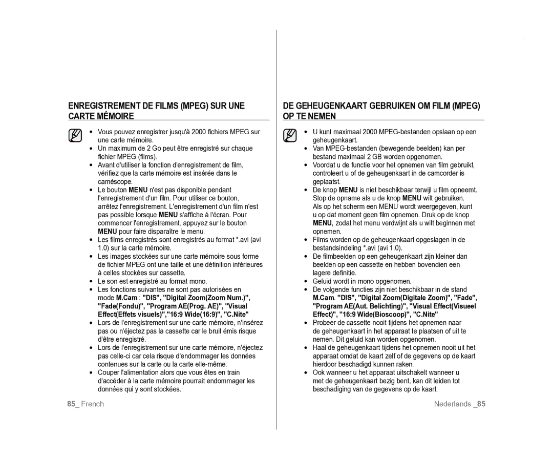 Samsung VP-D385I/MEA, VP-D381/EDC, VP-D381/XEF manual Enregistrement DE Films Mpeg SUR UNE Carte Mémoire 