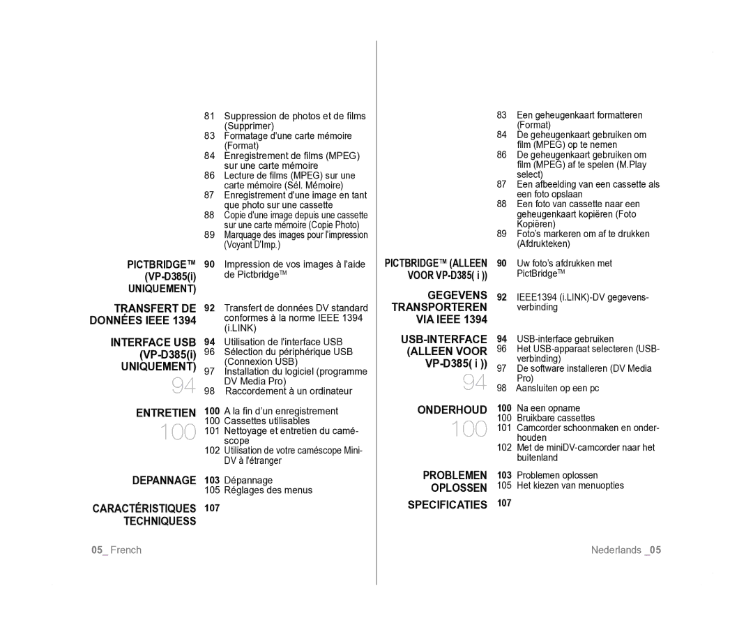 Samsung VP-D381/EDC Uniquement Transfert DE Données Ieee, Uniquement Entretien, Depannage, Gegevens Transporteren VIA Ieee 