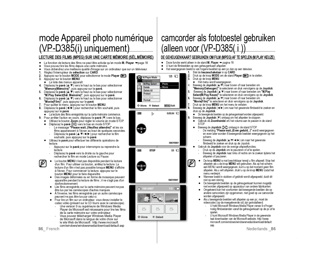 Samsung VP-D381/EDC, VP-D381/XEF, VP-D385I/MEA Stel de keuzeschakelaar in op Card, MemoryMémoire, puis appuyez sur le pavé 