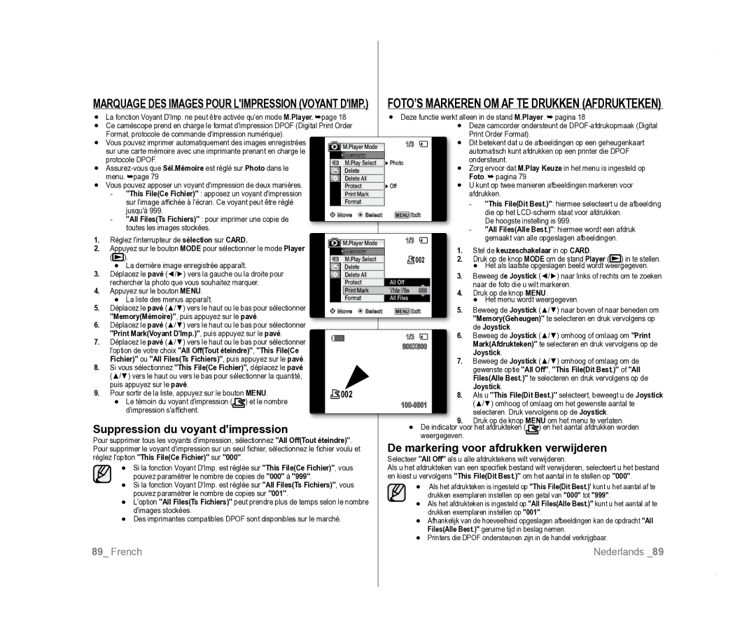 Samsung VP-D381/EDC, VP-D381/XEF manual Suppression du voyant dimpression, De markering voor afdrukken verwijderen, 002 