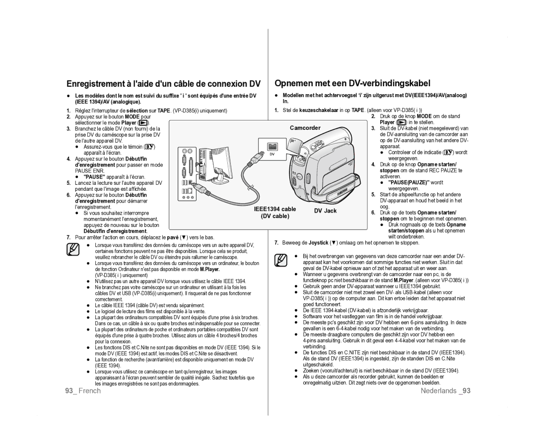 Samsung VP-D381/XEF manual Opnemen met een DV-verbindingskabel, Enregistrement à laide dun câble de connexion DV, Camcorder 