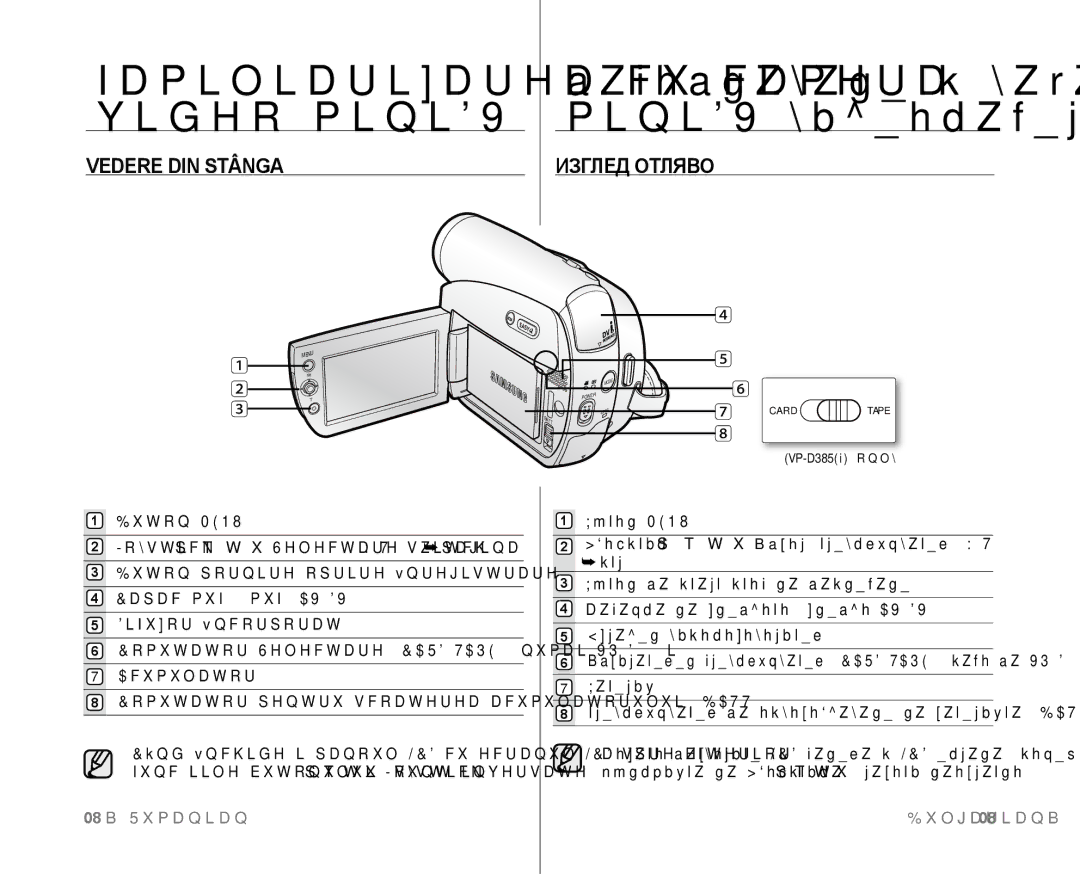 Samsung VP-D381/EDC Vedere DIN Stânga, Изглед Отляво, Buton Menu, Joystick  / /  / / Selectare, W/T switch pagina 