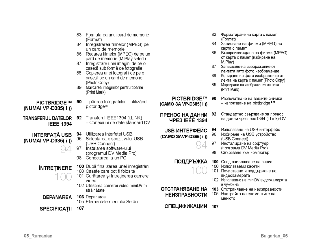 Samsung VP-D381/EDC manual Întreţinere, Depanarea Specificaţii, Pictbridge, USB Интерфейс, Поддръжка, Спецификации 