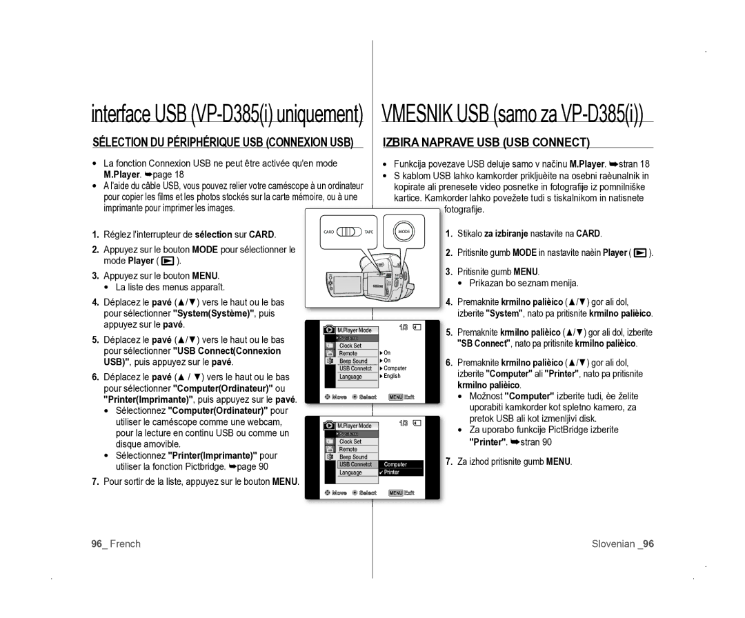 Samsung VP-D381/EDC manual Izbira Naprave USB USB Connect, Sélection DU Périphérique USB Connexion USB 