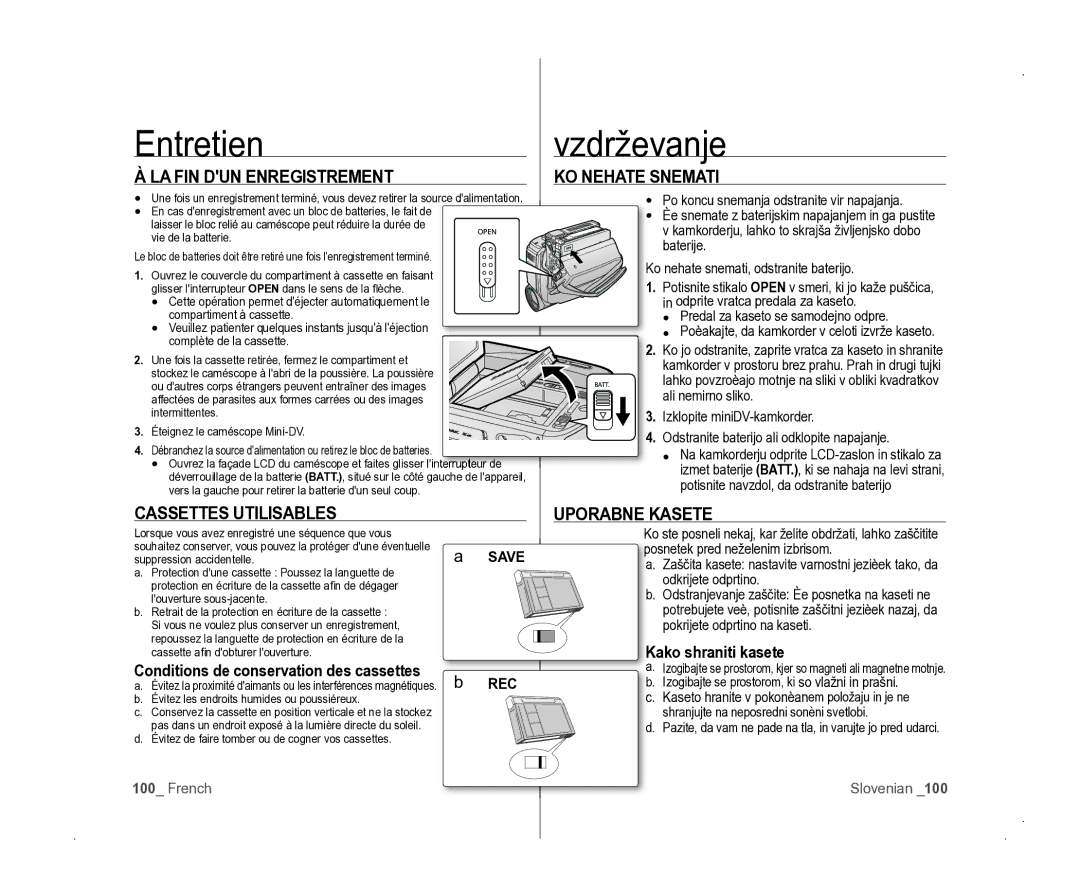 Samsung VP-D381/EDC manual Entretien, Vzdrževanje, LA FIN DUN Enregistrement 