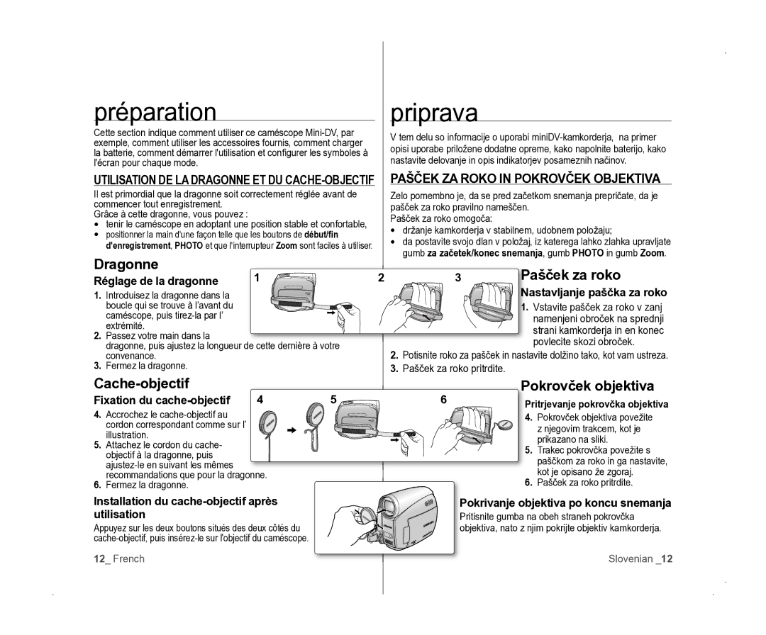 Samsung VP-D381/EDC manual Préparation Priprava, Pašček ZA Roko in Pokrovček Objektiva 